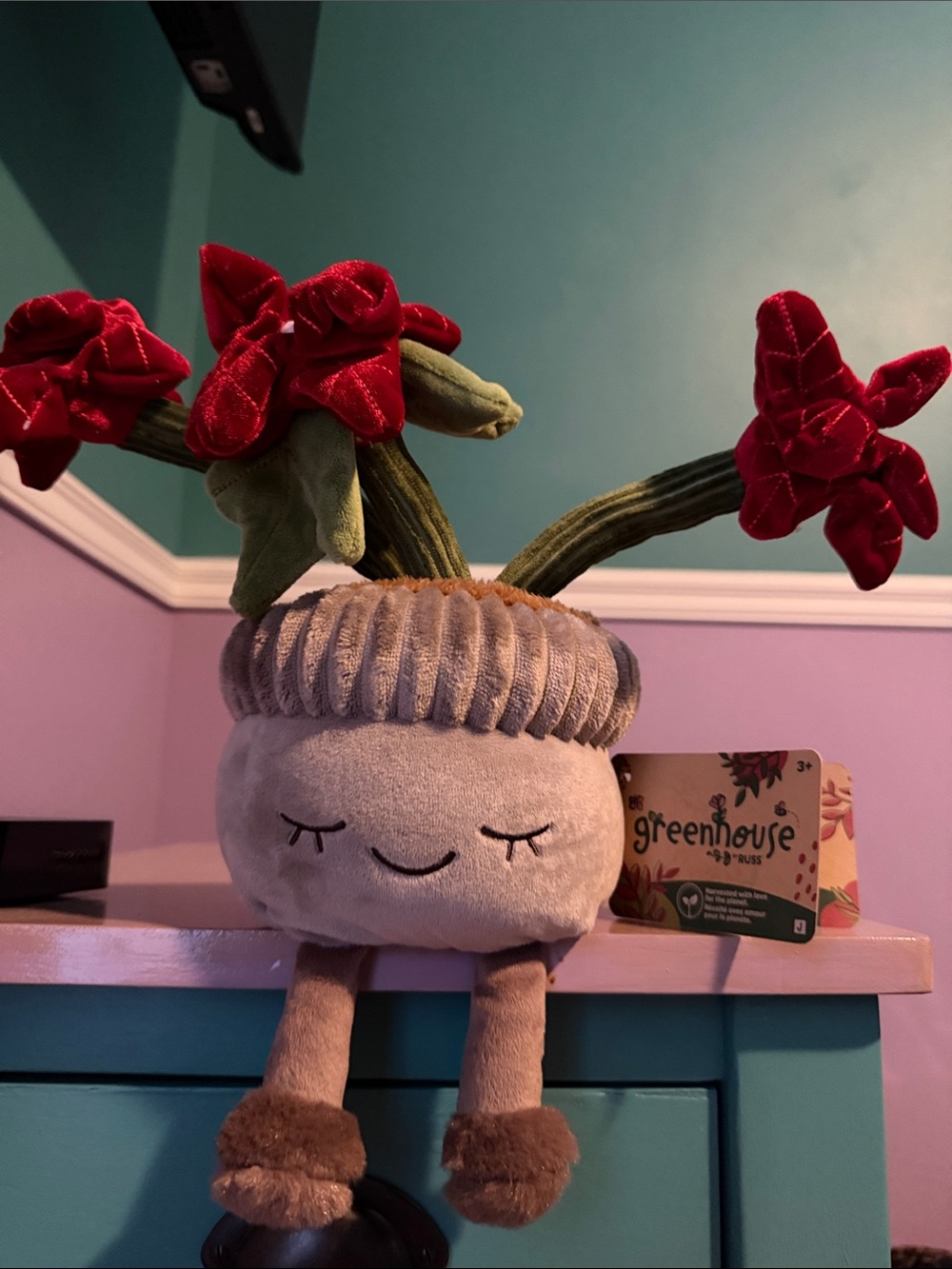 Plush Flower Pot with Red Blooms